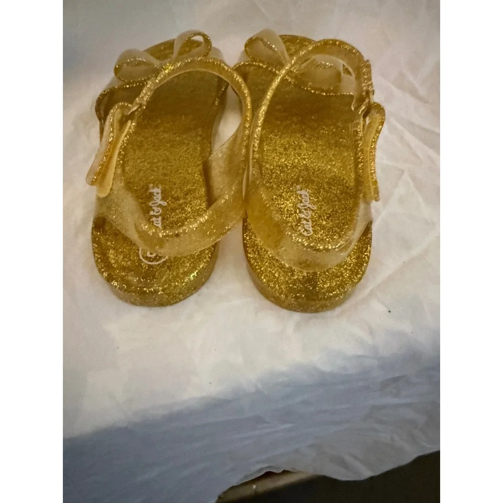 Cat & Jack Girls Gold Glitter Jelly Sandals Bow Ankle Strap Size 12